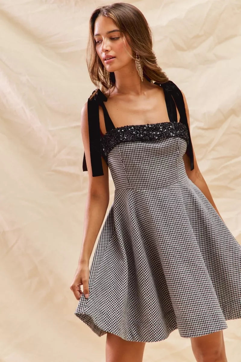 Houndstooth Fit Flare Shoulder Tie Dress -
