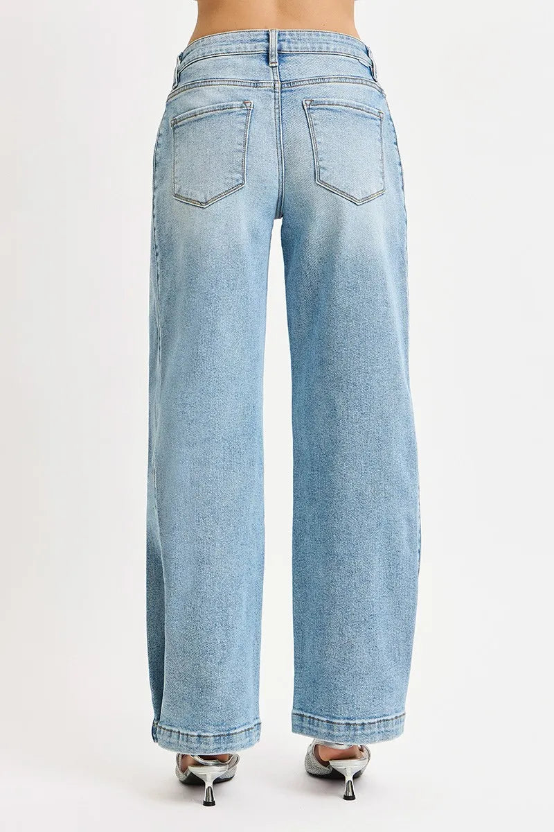 Mid Rise Snap Barrel Wide Jeans -