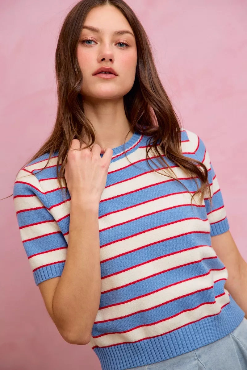 Striped Short Sleeve Knit Sweater - Blue Red Main image