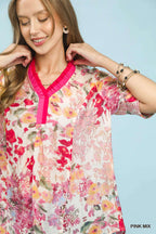 Floral Contrast Pleat Neck Blouse -