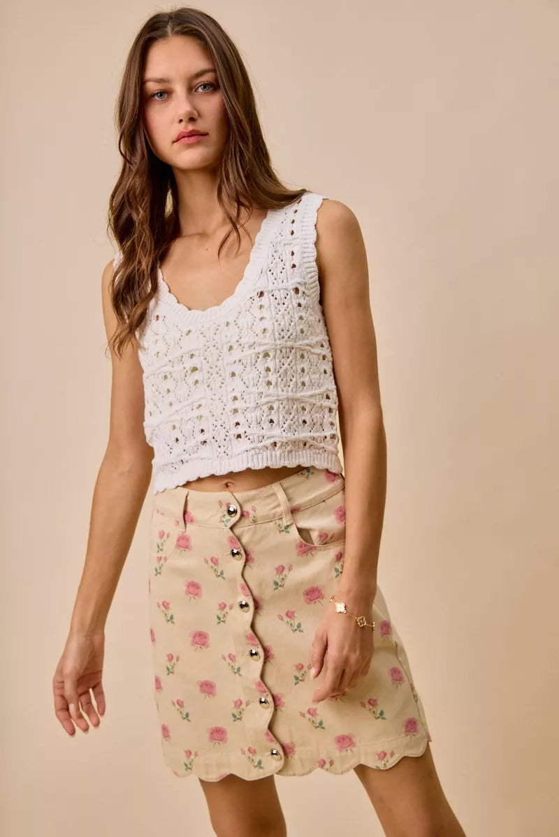 Rose Print Scallop Mini Skirt -