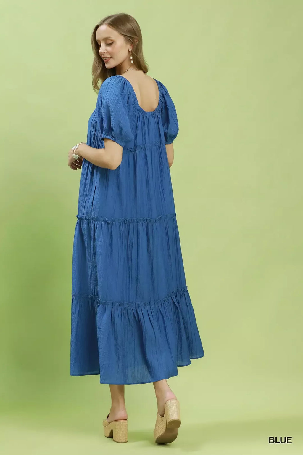 Blue Textured Tiered Puff Sleeve Dress -
