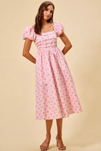 Polka Dot Puff Sleeve Midi Dress -