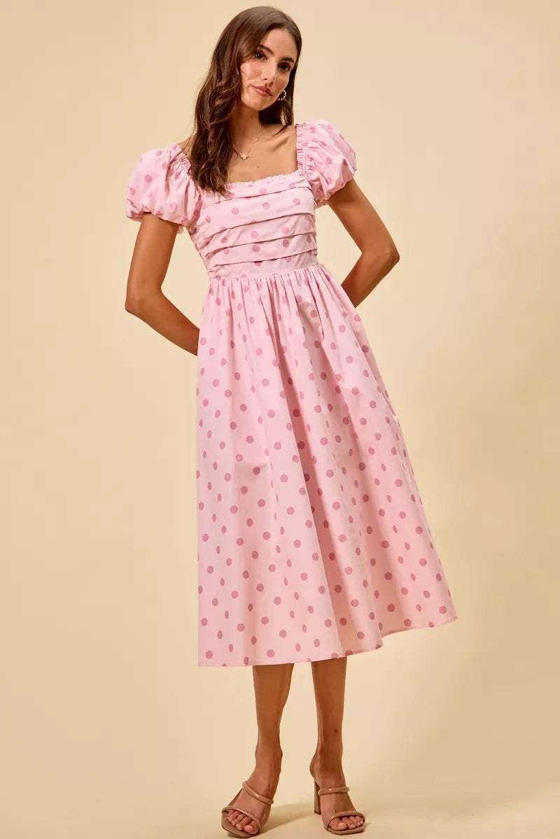 Polka Dot Puff Sleeve Midi Dress -