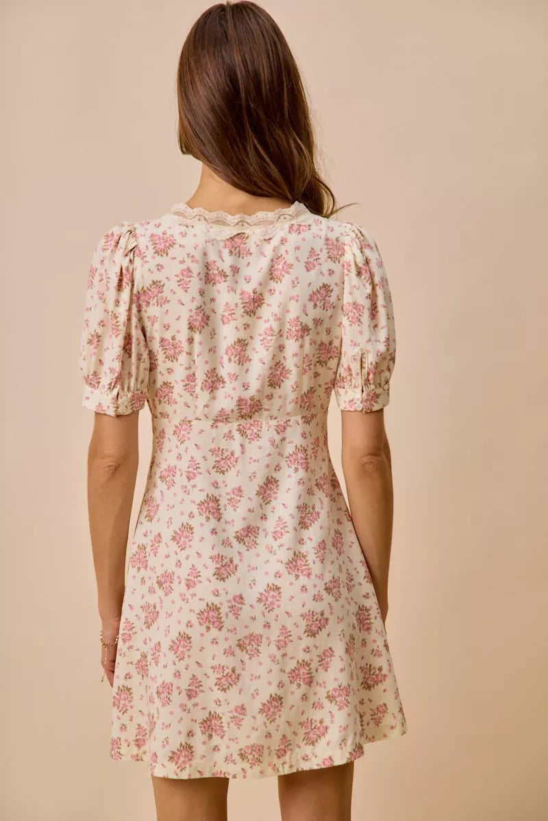 Cream Floral Lace Trim Mini Dress -