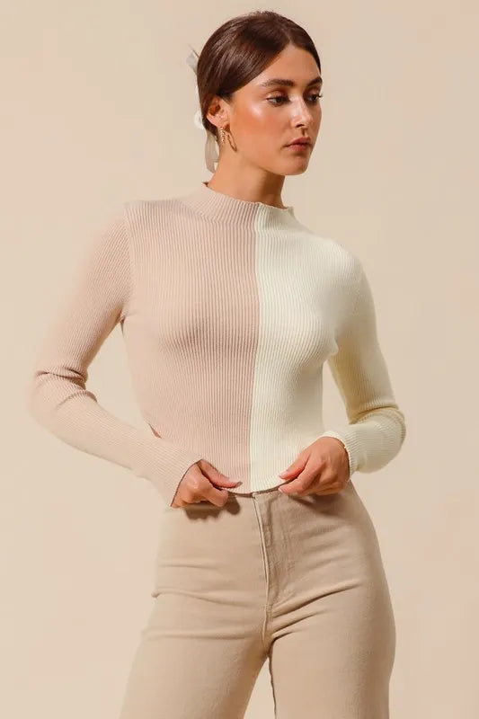 Fitted Color Block Crop Sweater -
