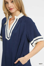 Contrast Trim Linen Split Neck Mini Dress -