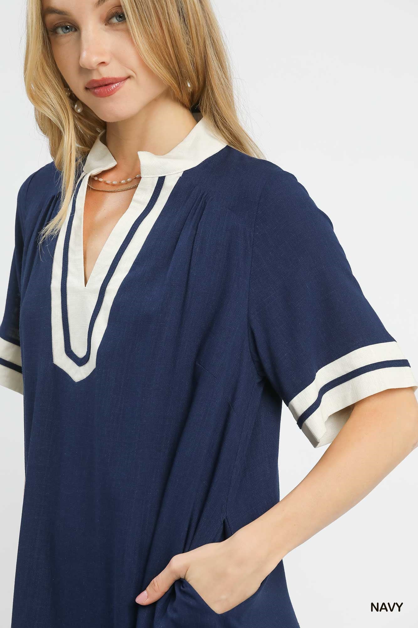 Contrast Trim Linen Split Neck Mini Dress -