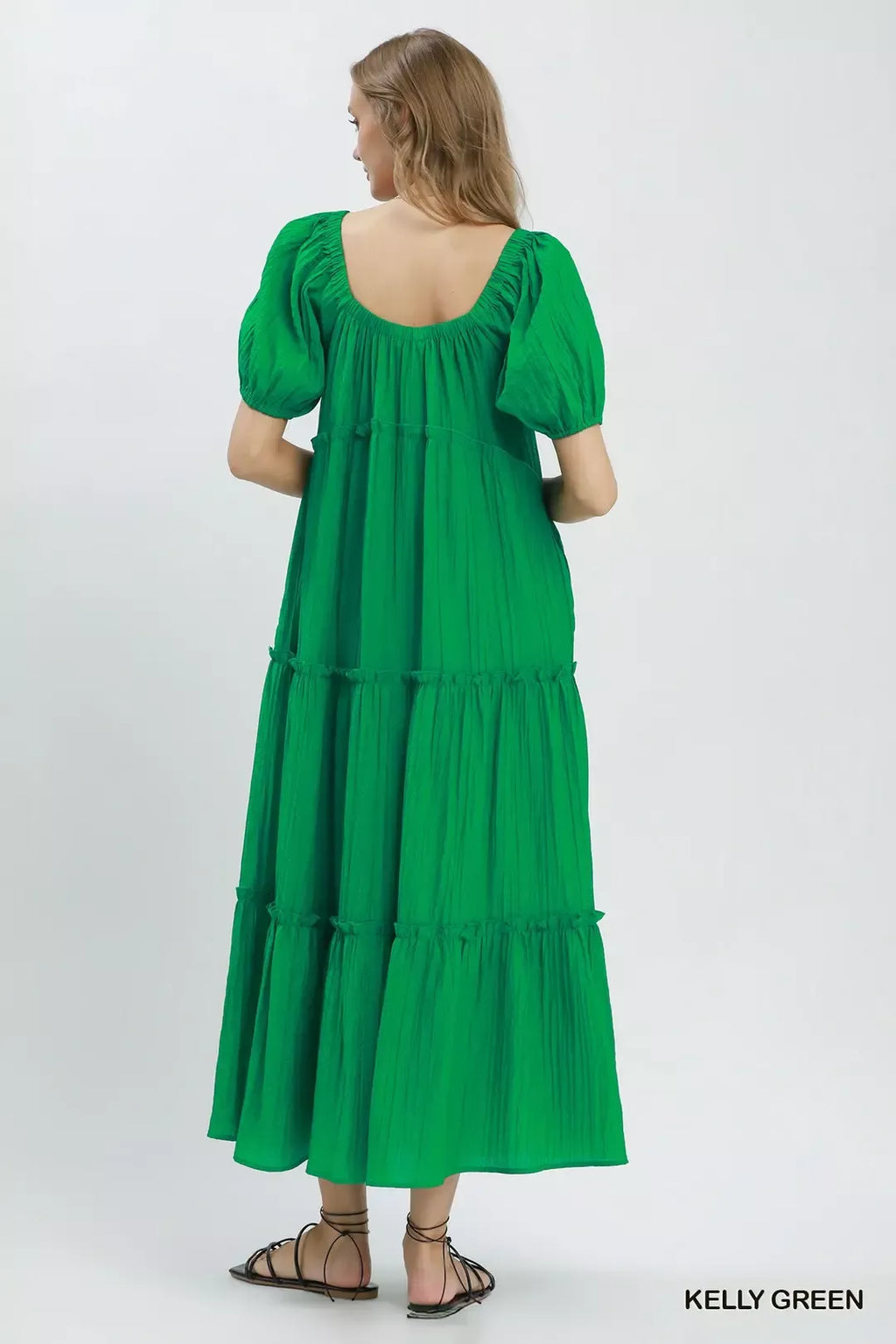 Textured Puff Sleeve Tiered Midi Dress -