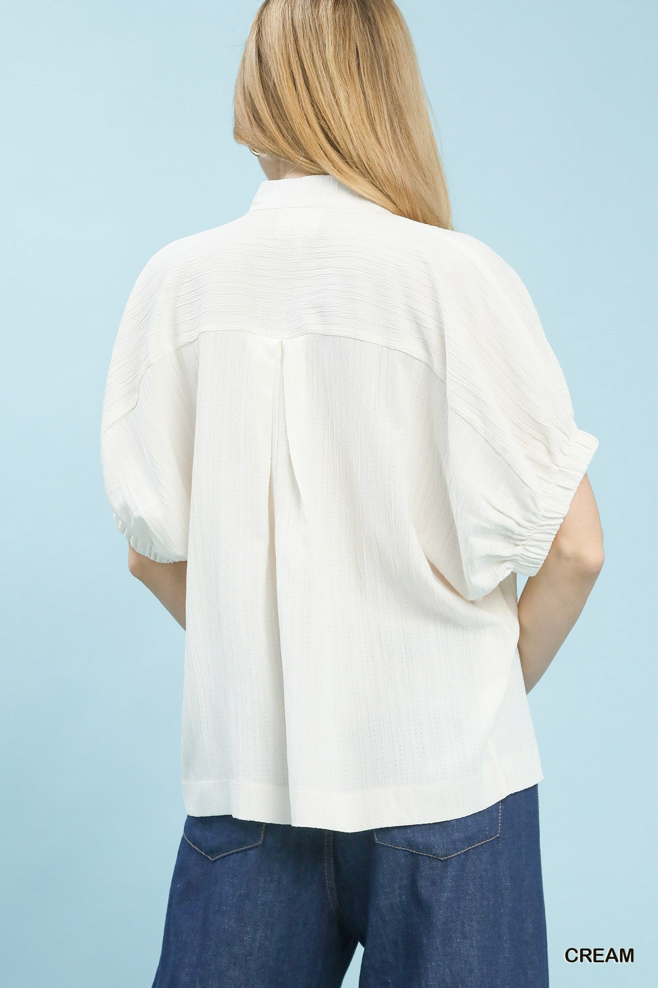 Textured Contrast Trim V-Neck Blouse -