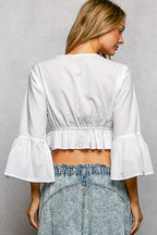 Floral Embroidered Cropped Tie Blouse -