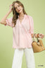 Textured Pintuck Split Neck Blouse - LT.PINK