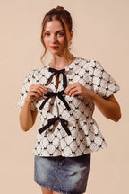 Contrast Bow Textured Peplum Top -