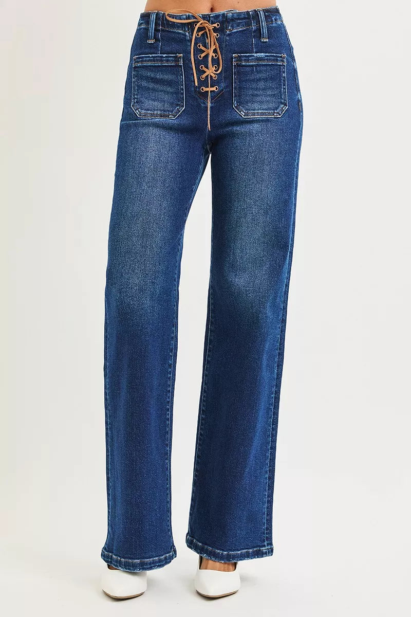 Front Lace Up Wide Leg Jeans -