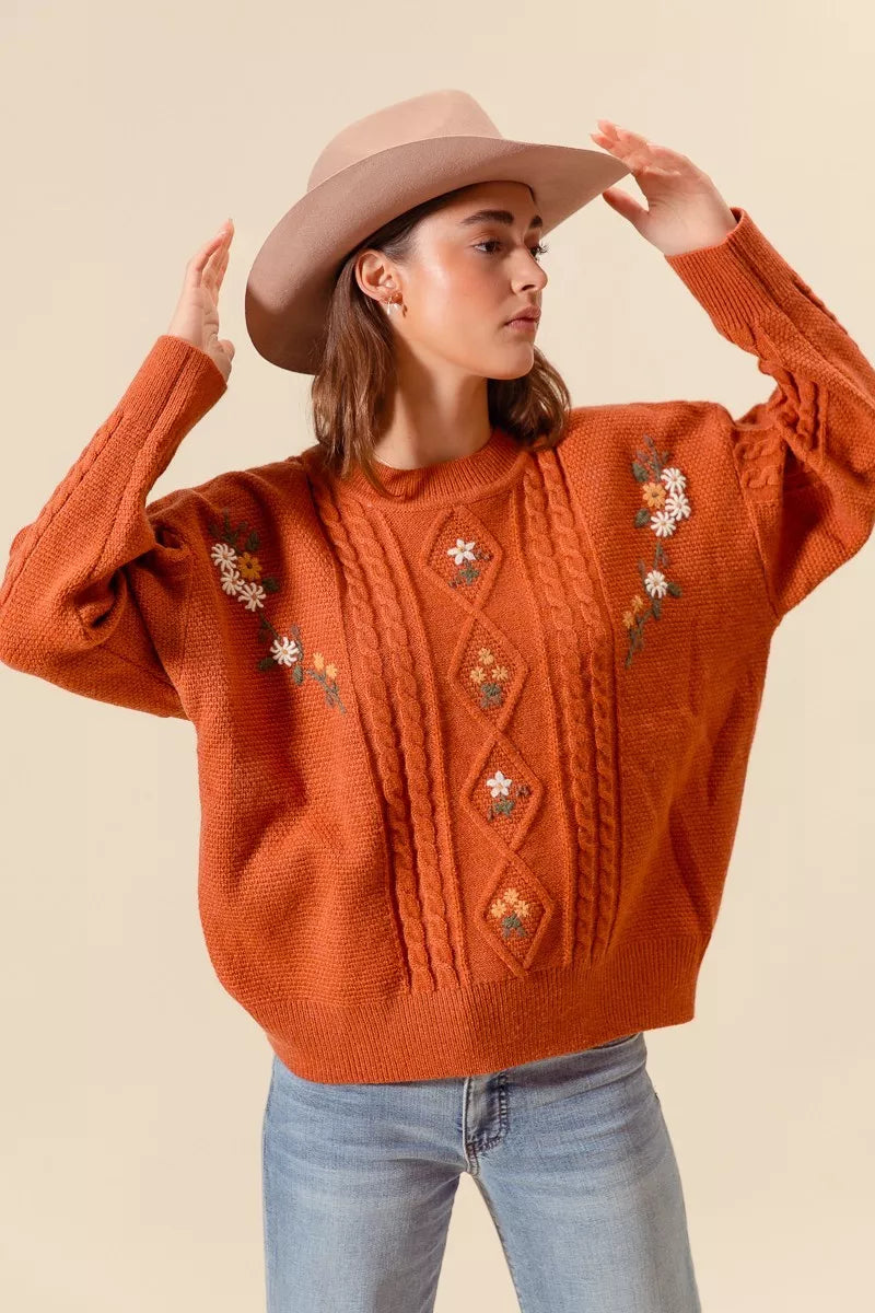 Embroidered Flower Cable Knit Cozy Sweater - BRICK Main image