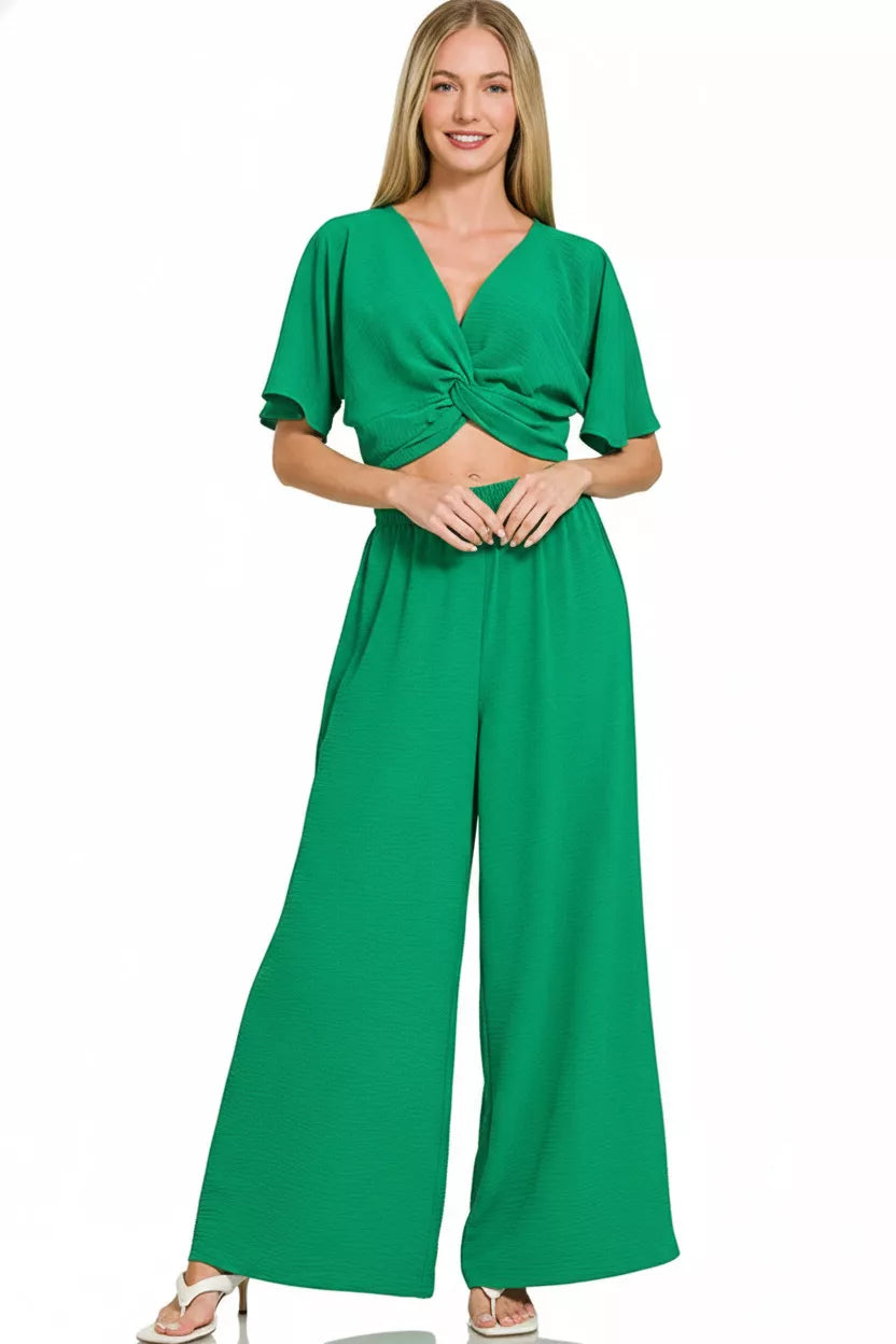 K Green Airflow Twist Top Wide Leg Set -