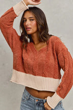 Chenille Cable Knit V Neck Sweater -