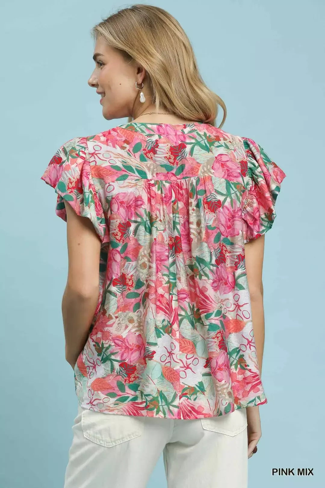 Tropical Ruffle Cap Sleeve Blouse -