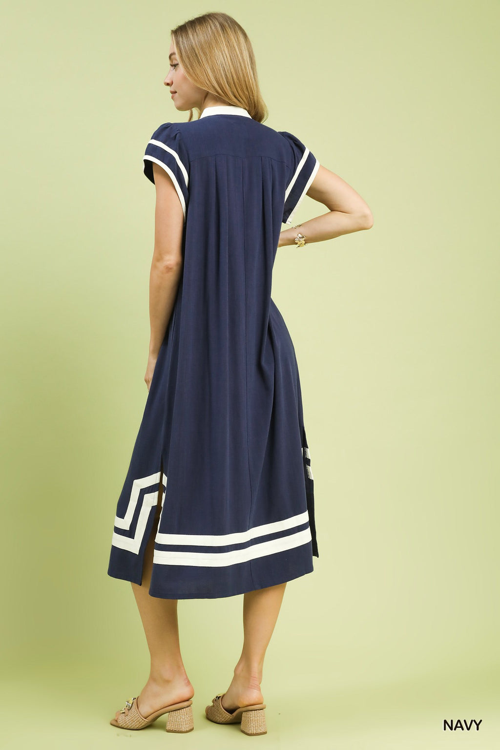 Contrast Neckline Linen Cotton Midi Dress -