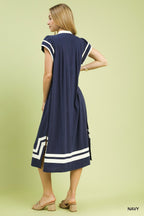 Contrast Neckline Linen Cotton Midi Dress -