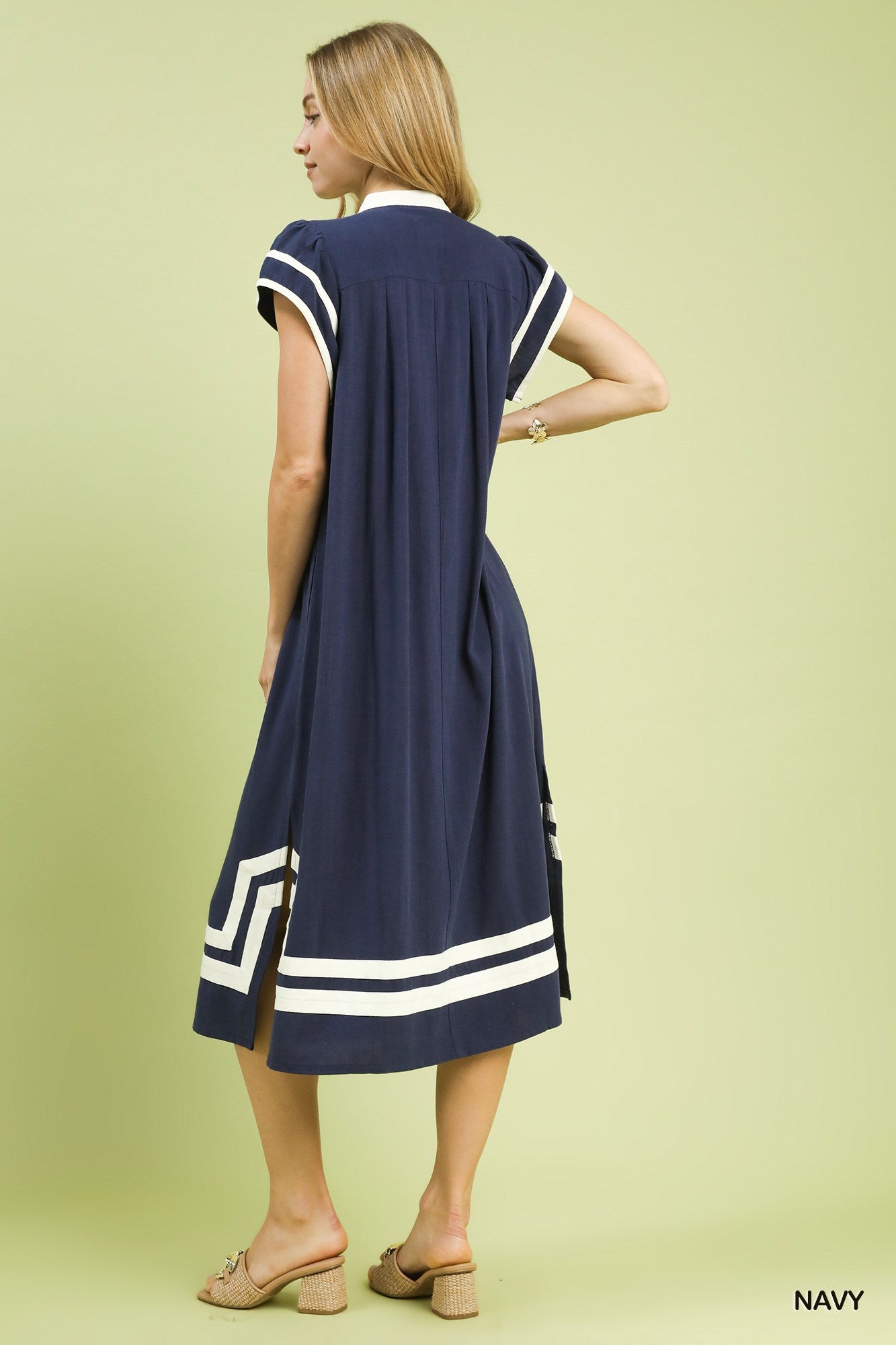 Contrast Neckline Linen Cotton Midi Dress -