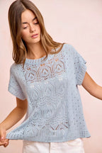 Pointelle Short Sleeve Knit Sweater -