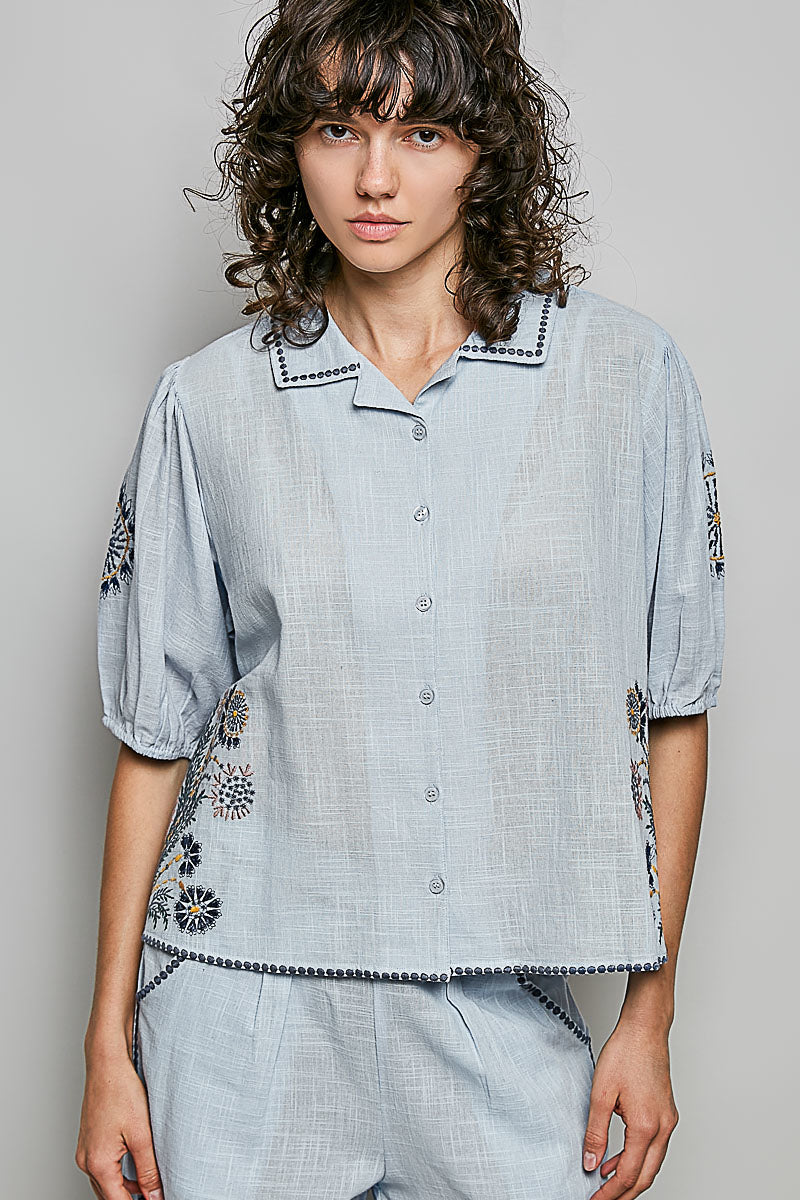 Embroidered Floral Button Down Shirt - SKY MULTI