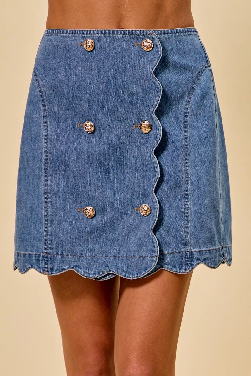 Scalloped Button Front Denim Skirt Secondary image