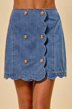 Scalloped Button Front Denim Skirt -