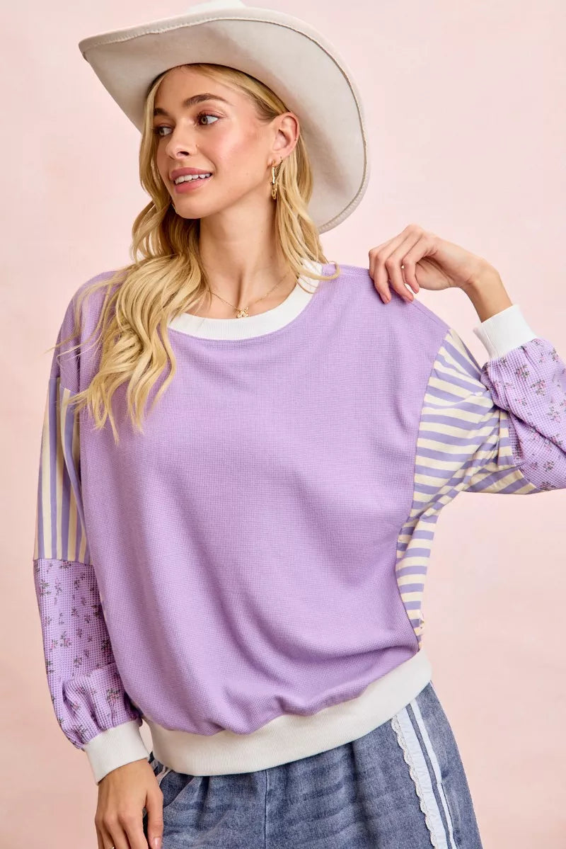 Floral Sleeve Striped Mix Match Sweatshirt -