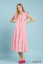 Seersucker Ruffle Tiered Midi Dress - POWDER PINK
