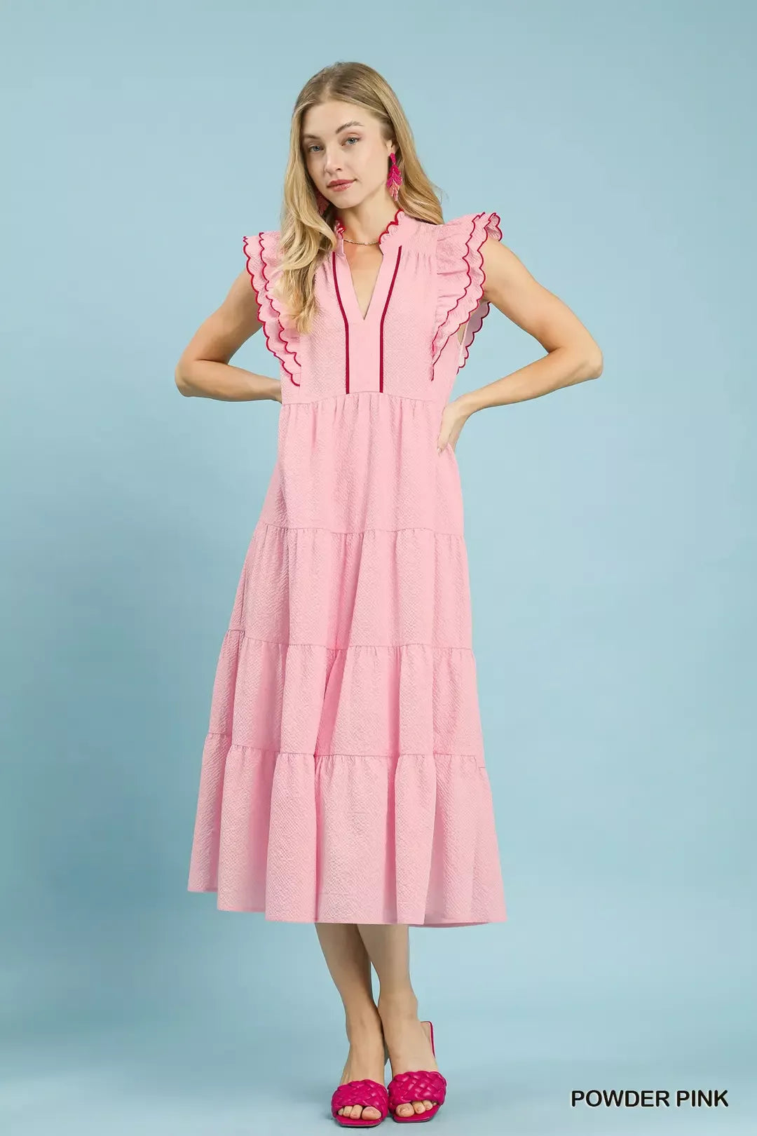 Seersucker Ruffle Tiered Midi Dress - POWDER PINK