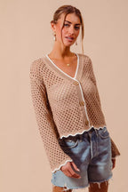 Scallop Trim Open Knit Cardigan -