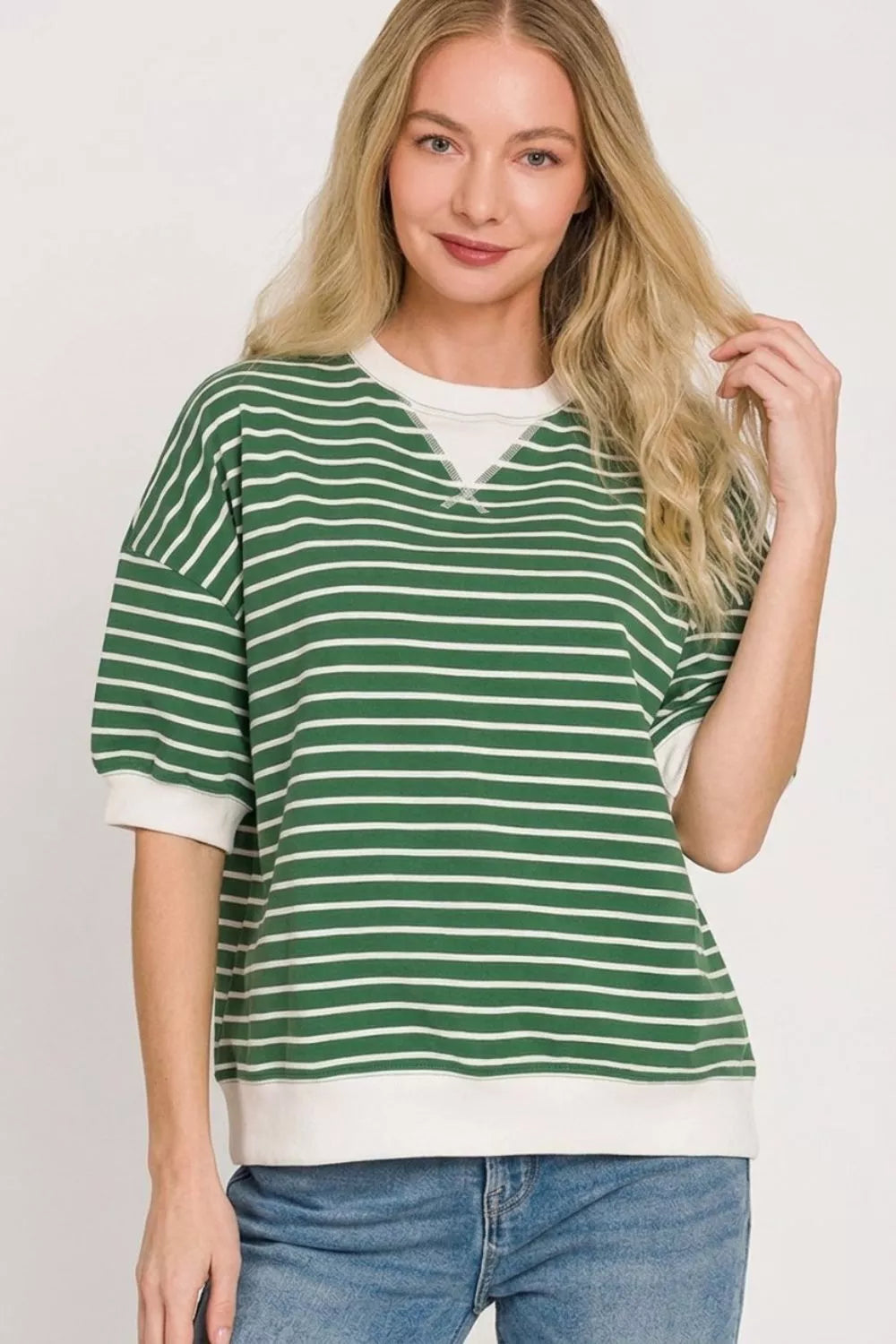 Striped Short Sleeve Rib Sweatshirt -