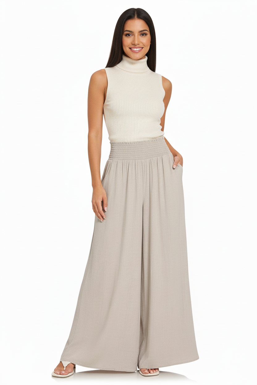 Smocked Waist Wide Leg Lounge Pants - SAND BEIGE