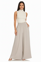 Smocked Waist Wide Leg Lounge Pants - SAND BEIGE