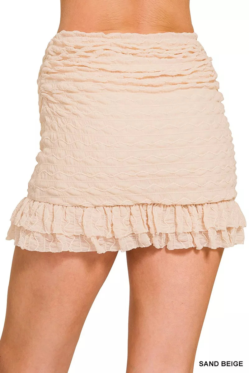 Sand Beige Ruched Mini Skort Ruffle Hem Skirt -