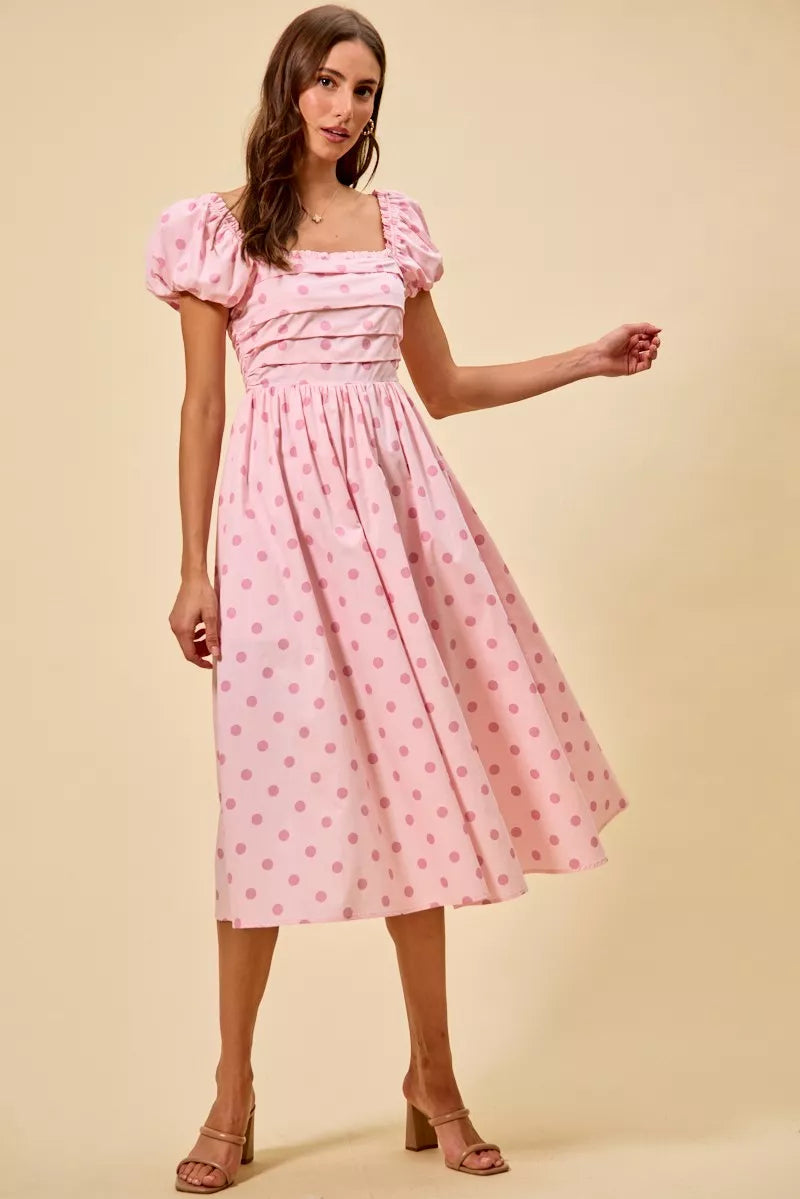 Polka Dot Puff Sleeve Midi Dress -