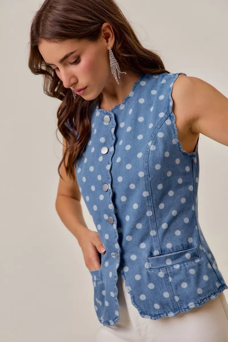 Polka Dot Scalloped Denim Vest -
