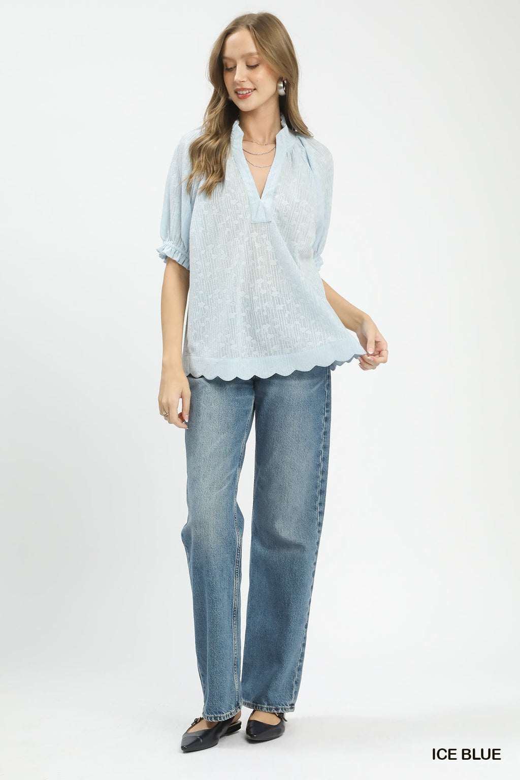 Textured Pintuck Scallop Hem Blouse -
