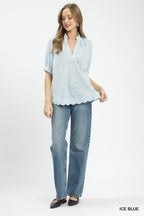 Textured Pintuck Scallop Hem Blouse -