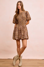 Leopard Smocked Puff Sleeve Mini Dress -