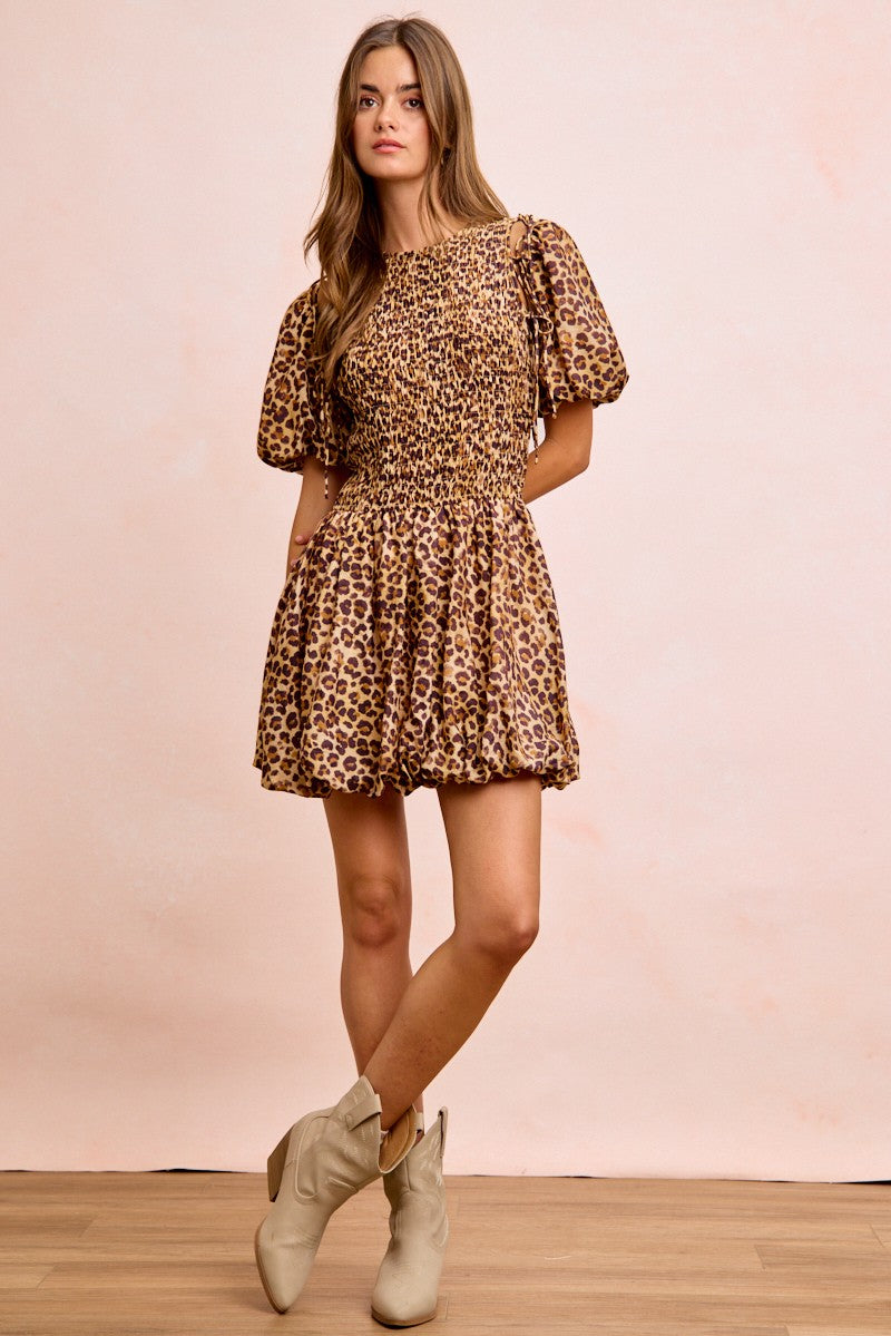 Leopard Smocked Puff Sleeve Mini Dress -