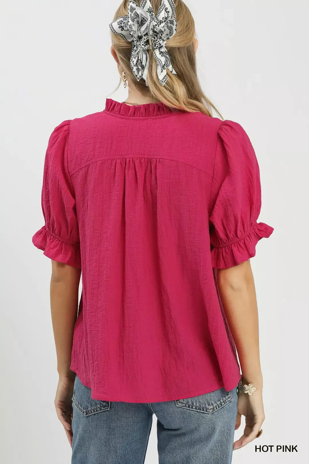 Textured Button Front Puff Sleeve Top -