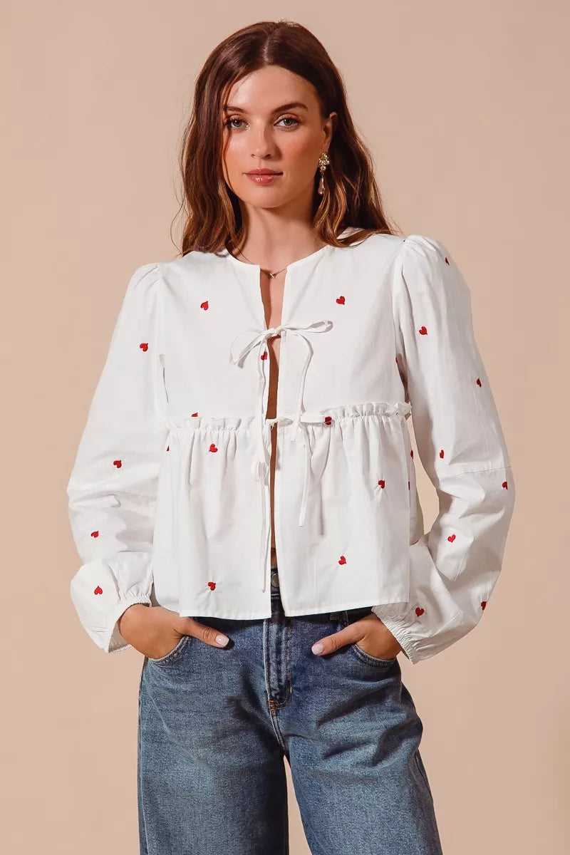 Front Tie Heart Puff Sleeve Blouse -