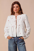 Front Tie Heart Puff Sleeve Blouse -