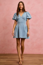 Denim Puff Sleeve Mini Dress - LIGHT DENIM