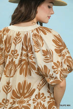 Printed Puff Sleeve Trim Blouse -