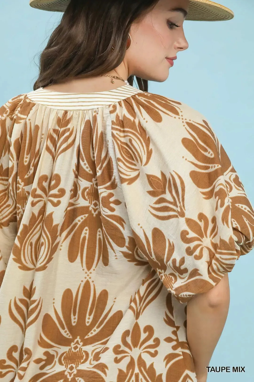 Printed Puff Sleeve Trim Blouse -