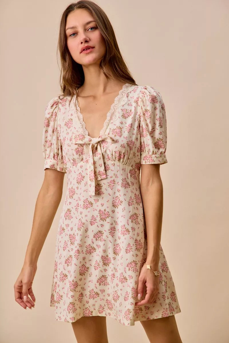 Cream Floral Lace Trim Mini Dress -